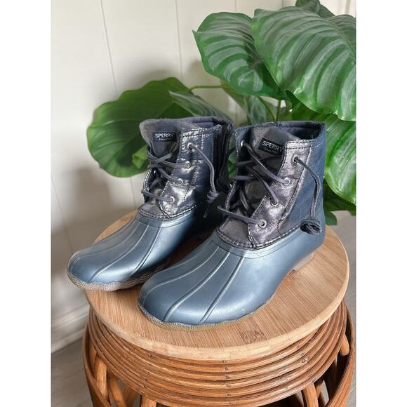 Sperry Blue Metallic Saltwater Duck Boots Girls Size 5 Rain Winter Booties - Picture 1 of 9